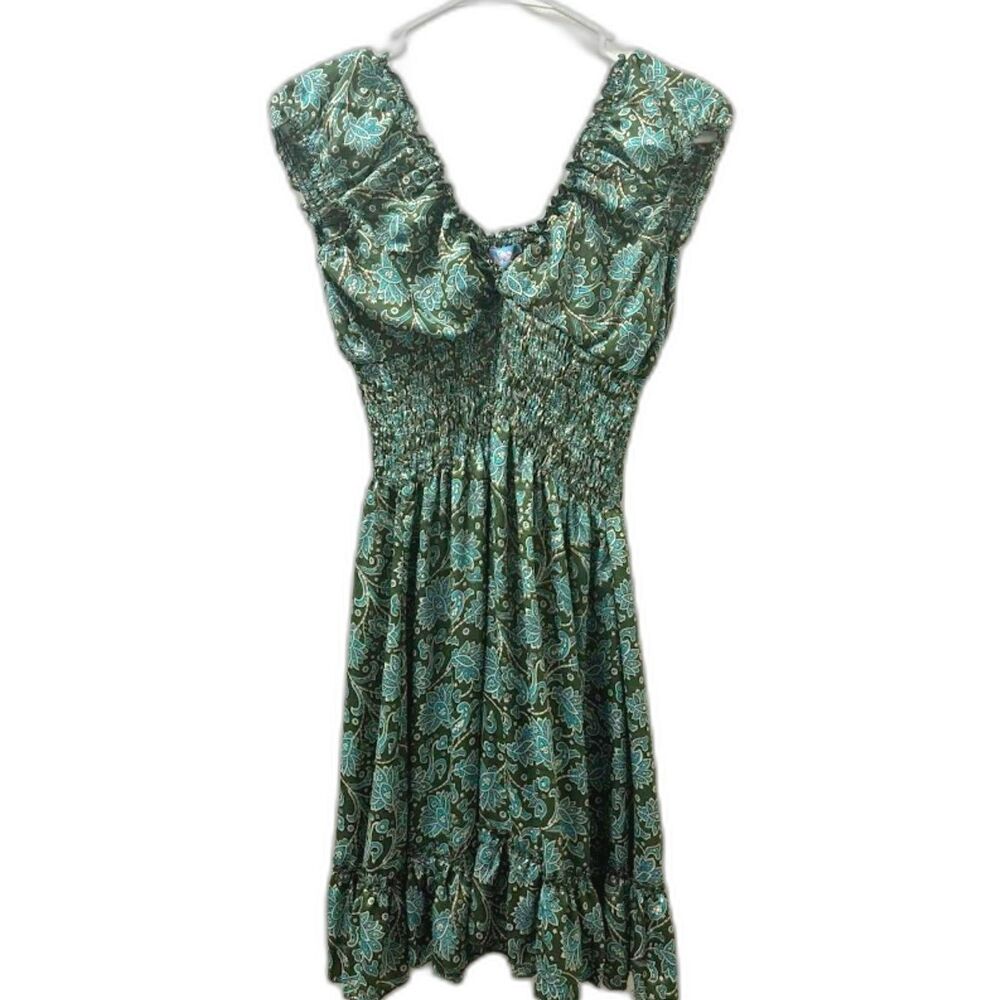 Y2k Dress Women's Size Medium Green blue Silk Blend Empire Waist Babydoll Mini